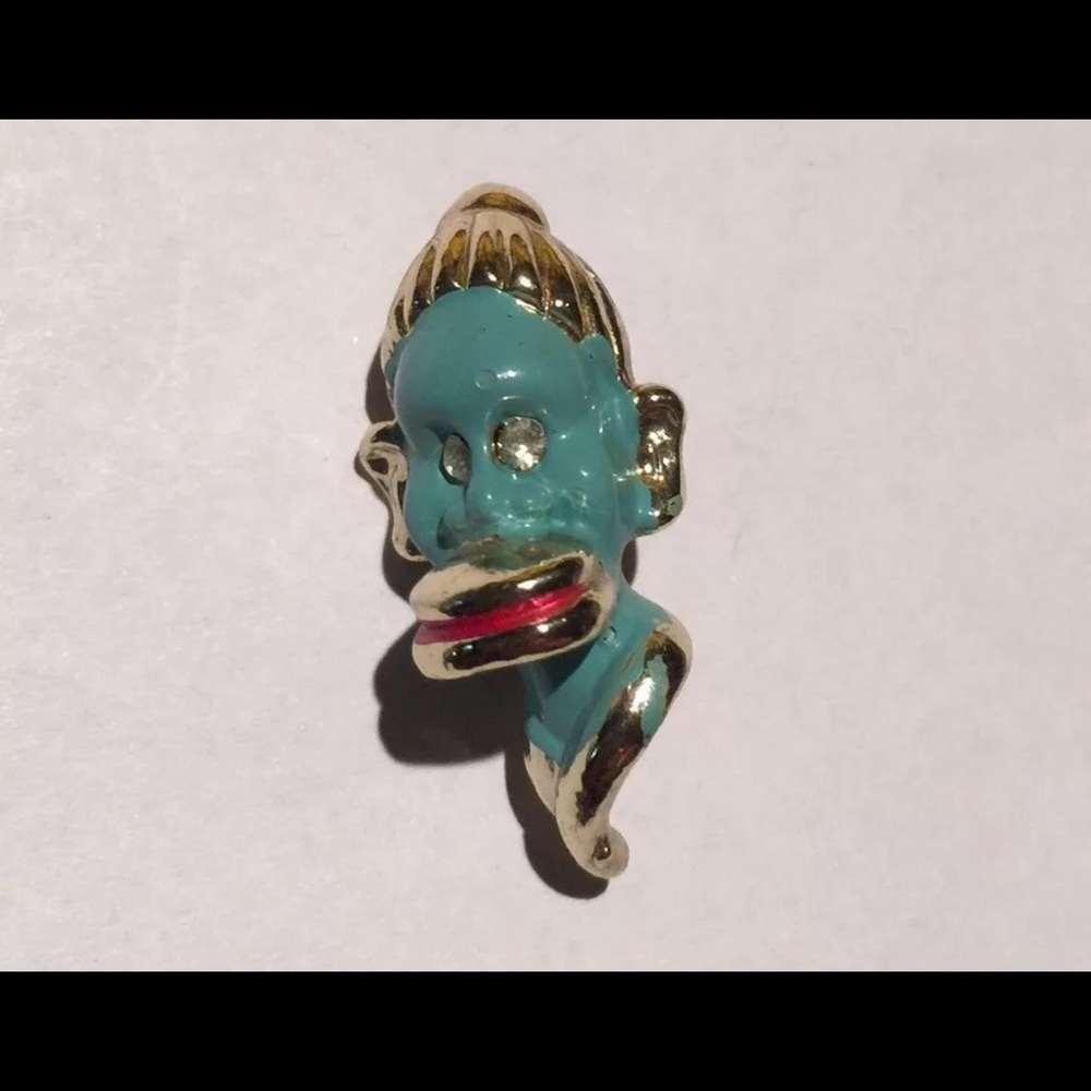 TRIBAL PIN TEAL FACED WITH A LIP PLATE RED LIPS White Crystal /Diamond like Eyes - Picture 7 of 8
